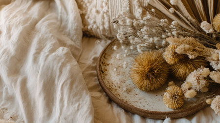 A serene table arrangement featuring dried flowers, natural textures, and soft fabrics. This aesthetic composition captures warmth and minimalism in a cozy setting.の素材