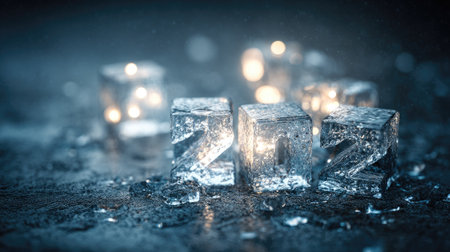 Glimmering ice cubes arranged to form numbers evoke a festive essence. Soft warm light contrasts with the chilly environment, creating a captivating atmosphere.の素材