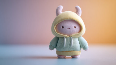 This adorable pastel toy figure in a cozy hooded sweatshirt radiates charm and playfulness, perfect for decoration or as a gift for children.の素材