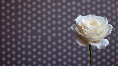 A stunning white rose stands out against a soft-focus polka dot background, highlighting its delicate petals and timeless elegance. Perfect for floral themes.の素材