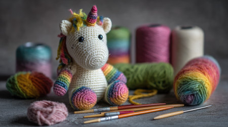 Adorable crochet unicorn surrounded by colorful yarn and knitting tools, perfect for showcasing artistic creativity and cozy crafting atmosphere.の素材