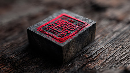 A close-up image of a red seal on a textured wooden block, showcasing intricate carving and a rich history. Ideal for cultural and artistic themes.の素材