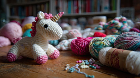 This image features a cute crochet unicorn toy surrounded by vibrant yarn and craft supplies, highlighting creativity and artistic passion in a cozy workspace.の素材