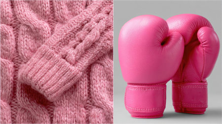 This image showcases a striking combination of soft cable knit texture and stylish pink boxing gloves. Perfect for discussions on fashion, sports accessories, and vibrant colors.の素材