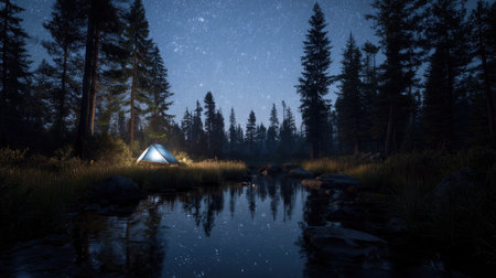 A tranquil campsite under a brilliant starry sky next to a reflective water body, surrounded by towering trees. Ideal for nature and adventure enthusiasts.の素材
