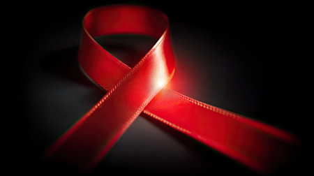 A beautifully crafted red ribbon against a dark backdrop, representing hope and awareness for various health causes. Perfect for charity and awareness campaigns.の素材