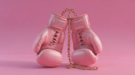 A pair of pink boxing gloves connected by a gold chain on a vibrant pink background, symbolizing strength and empowerment in fitness and sport environments.の素材