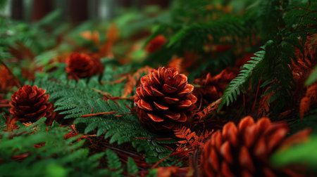 Explore a beautiful forest scene featuring vivid pine cones and lush ferns. The rich colors and intricate textures create a serene and inviting natural environment.の素材