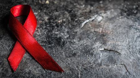 A vibrant red ribbon placed on a textured dark stone surface represents awareness and support for health causes, embodying hope and solidarity in the community.の素材
