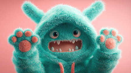 This adorable fluffy monster character features vibrant teal fur, an expressive face, and playful hands. It embodies joy and whimsy, perfect for creative projects.の素材