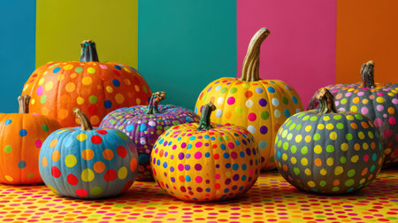 A delightful arrangement of colorful polka dot pumpkins set against a vibrant background, perfect for autumn decor and festive celebrations.の素材