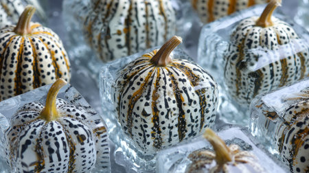 A captivating arrangement of unique frosted pumpkins on ice, highlighting intricate details and vibrant colors, perfect for autumn-themed displays and seasonal decor.の素材