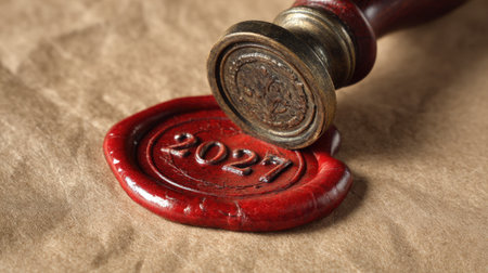 Close-up of a red wax seal stamped with the year 2027 on textured brown craft paper. This image captures vintage elegance and the artistry of personalized communication.の素材