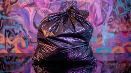 A black trash bag sits on a shiny, reflective surface against a vivid graffiti backdrop. The contrast and colors enhance the urban aesthetic, capturing themes of waste and environment.の素材