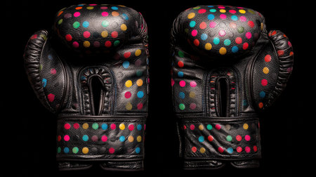 Brightly colored polka dot boxing gloves create a striking visual on a solid black background, showcasing playfulness and uniqueness in sports equipment. Perfect for fitness themes.の素材