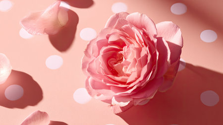 A stunning pink rose sits gracefully on a soft pink polka-dotted background, highlighting its delicate petals. Ideal for floral arrangements and decor themes.の素材
