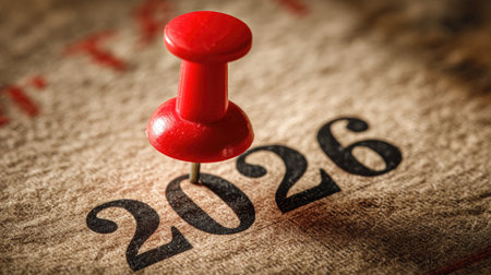A closeup of a red push pin attached to a calendar page, marking the year 2026, symbolizing planning and reminders for future events and important tasks.の素材