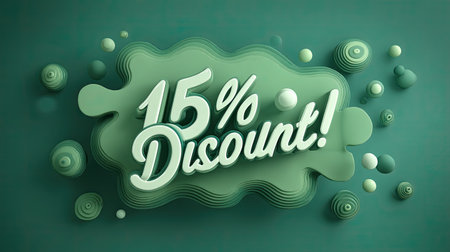 Discover a vibrant promotional design featuring a 15% discount message. This modern artwork uses layering and 3D elements to attract attention and enhance sales.の素材
