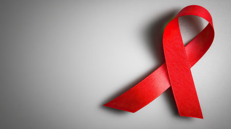 A vibrant red awareness ribbon set against a subtle gray background symbolizes support and advocacy for health-related initiatives and campaigns.の素材