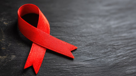 A red ribbon lying on a textured surface symbolizes awareness and support for various health issues, including HIV/AIDS, showcasing solidarity and hope.の素材