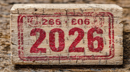 Close-up image of a rustic wooden stamp featuring the year 2026. The distressed texture adds character and authenticity, perfect for various creative projects.の素材