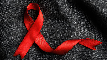 This image features a vivid red ribbon set against a dark fabric background. It symbolizes awareness and support for various health causes.の素材