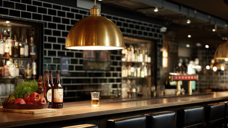 Stylish bar interior featuring a warm ambiance with brass lighting, showcasing craft beer bottles and a wooden counter, perfect for social gatherings.の素材