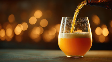A close-up of golden craft beer being poured into a glass, set against a dreamy bokeh background. Perfect for showcasing beverage enjoyment and celebration.の素材