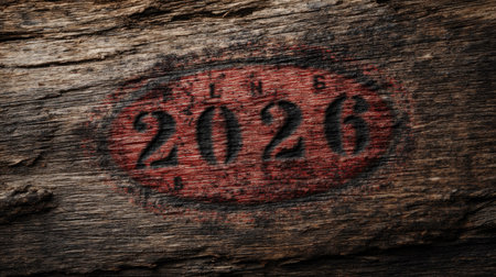 Close-up view of a vintage wooden plaque featuring the year 2026 engraved in a striking red and black design, perfect for rustic decor and artistic expression.の素材