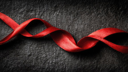 This striking image features a smooth red satin ribbon elegantly looping across a dark stone background, perfect for decoration or design projects.の素材
