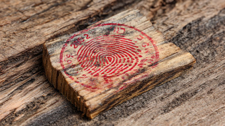 This image showcases a wooden block featuring a vibrant red fingerprint stamp. The intricate details on the natural wood surface add an artistic touch to the rustic background.の素材