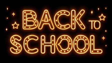 A vibrant neon sign proclaiming "Back to School," adorned with bright lights and stars. Perfect for themes of education, youth activities, and seasonal announcements.の素材