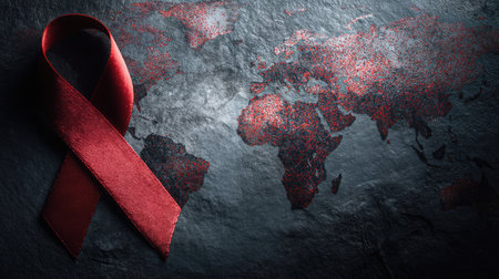A striking red ribbon rests on a textured world map, symbolizing global awareness for health issues. This image captures the essence of support and unity in combating disease.の素材