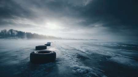 An atmospheric view of abandoned tires lined up on a frozen lake, set against a moody sky filled with dark clouds at dusk, creating a serene yet eerie scene.の素材