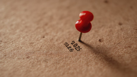 A close-up view of a vibrant red push pin on textured brown paper, showcasing date numbers underneath. Ideal for concepts of organization and reminders.の素材