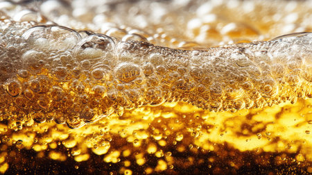 A detailed close-up view of refreshing beer showcasing beautiful bubbles and rich foam. This image captures the effervescent nature and golden hues, perfect for beverage-related themes.の素材