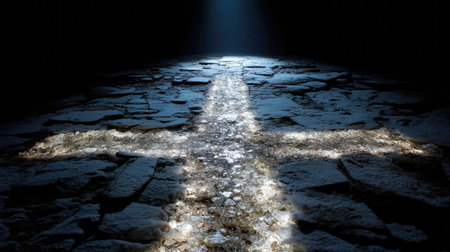 A dramatic illuminated cross presented on a textured stony ground, set in a dark and mysterious environment. This image evokes feelings of spirituality and reflection.の素材