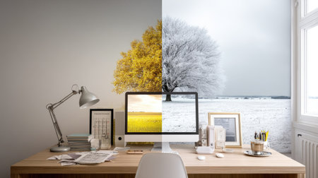 Beautiful desk workspace showcasing the contrast of autumn and winter with vibrant trees and serene snow, perfect for inspiration and seasonal change themes.の素材