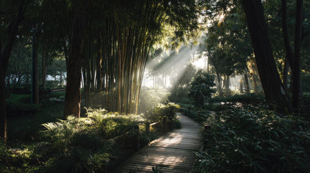 A tranquil bamboo forest scene featuring soft sunlight streaming through lush foliage along a wooden pathway. Perfect for nature lovers and serenity seekers.の素材
