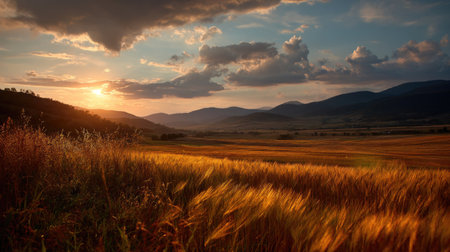 A breathtaking sunset casts a warm glow over golden wheat fields, framed by majestic mountains. This serene landscape captures the beauty of nature in a tranquil moment.の素材