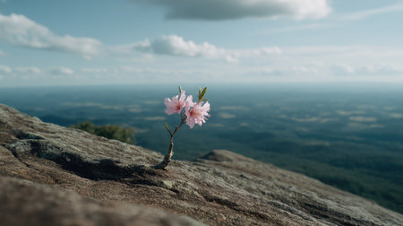 A delicate pink flower grows from a rock on a mountain summit, showcasing resilience in nature. The breathtaking landscape offers a serene view of distant hills and clouds.の素材