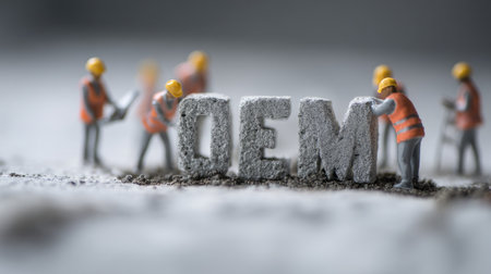 Miniature construction workers are carefully assembling the letters OEM from textured materials, showcasing teamwork and precision in a model worksite scene.の素材