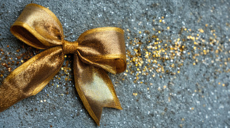 A stunning gold bow sits against a soft backdrop, surrounded by glimmering glitter that adds an elegant touch. Perfect for festive celebrations and gift wrapping.の素材