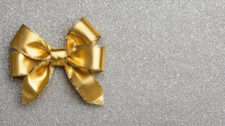 This stunning image features an elegant golden bow on a sparkling silver background, perfect for enhancing any celebration, gift, or festive occasion.の素材
