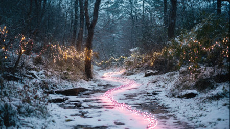 A captivating winter pathway adorned with glowing lights and surrounded by snow-covered trees, creating a serene and magical atmosphere in nature.の素材