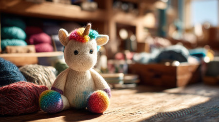 This charming hand-knitted unicorn toy adds a whimsical touch to any space. Set against a backdrop of colorful yarn, it embodies creativity and warmth.の素材