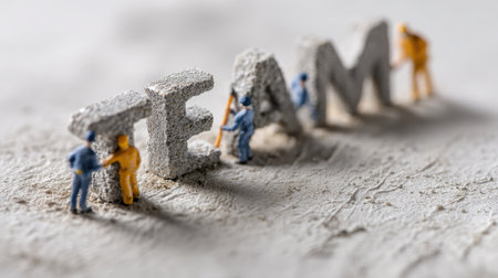 A creative depiction of miniature figures working together to construct the word "TEAM" from concrete elements, symbolizing collaboration and unity in various projects.の素材