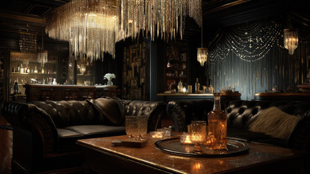 This image showcases a stunning dark lounge featuring a crystal chandelier, luxurious leather furniture, and an inviting atmosphere perfect for relaxation and gatherings.の素材