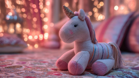 A charming pink unicorn plush toy sits on a soft bed surrounded by warm fairy lights, creating a cozy and whimsical atmosphere perfect for a child's room.の素材