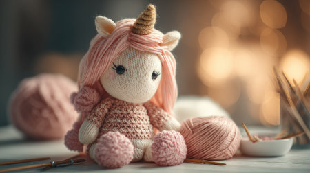 A charming crochet unicorn toy sits among soft yarn, showcasing artisan craft techniques. Perfect for gifts or home decor, it embodies whimsy and comfort.の素材